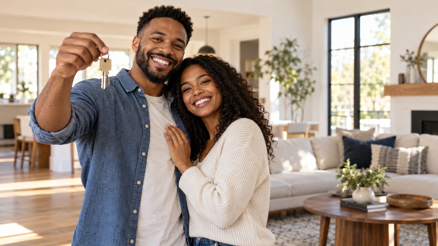 Couple celebrating the purchase of their first home