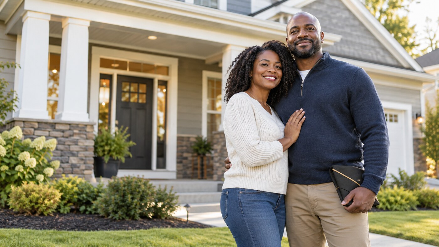 Military family outside their new home